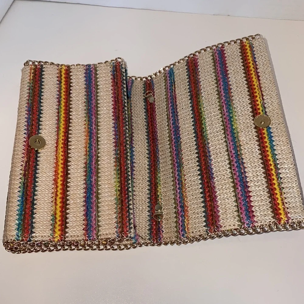 Chelsea28 woven multi color clutch with chain detail